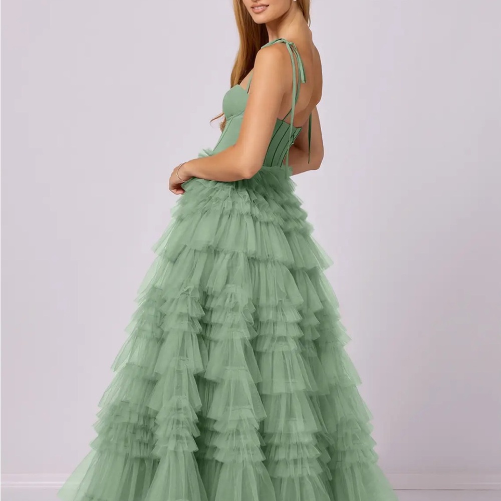 Azazie Green Layered Tulle Maxi Dress